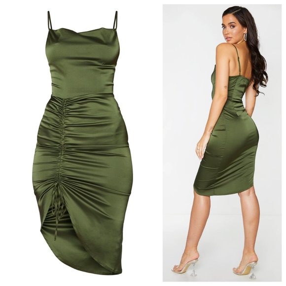 PLT Olive Green Satin Strappy Ruched Side Cowl Neck Midi Dress - Picture 2 of 5